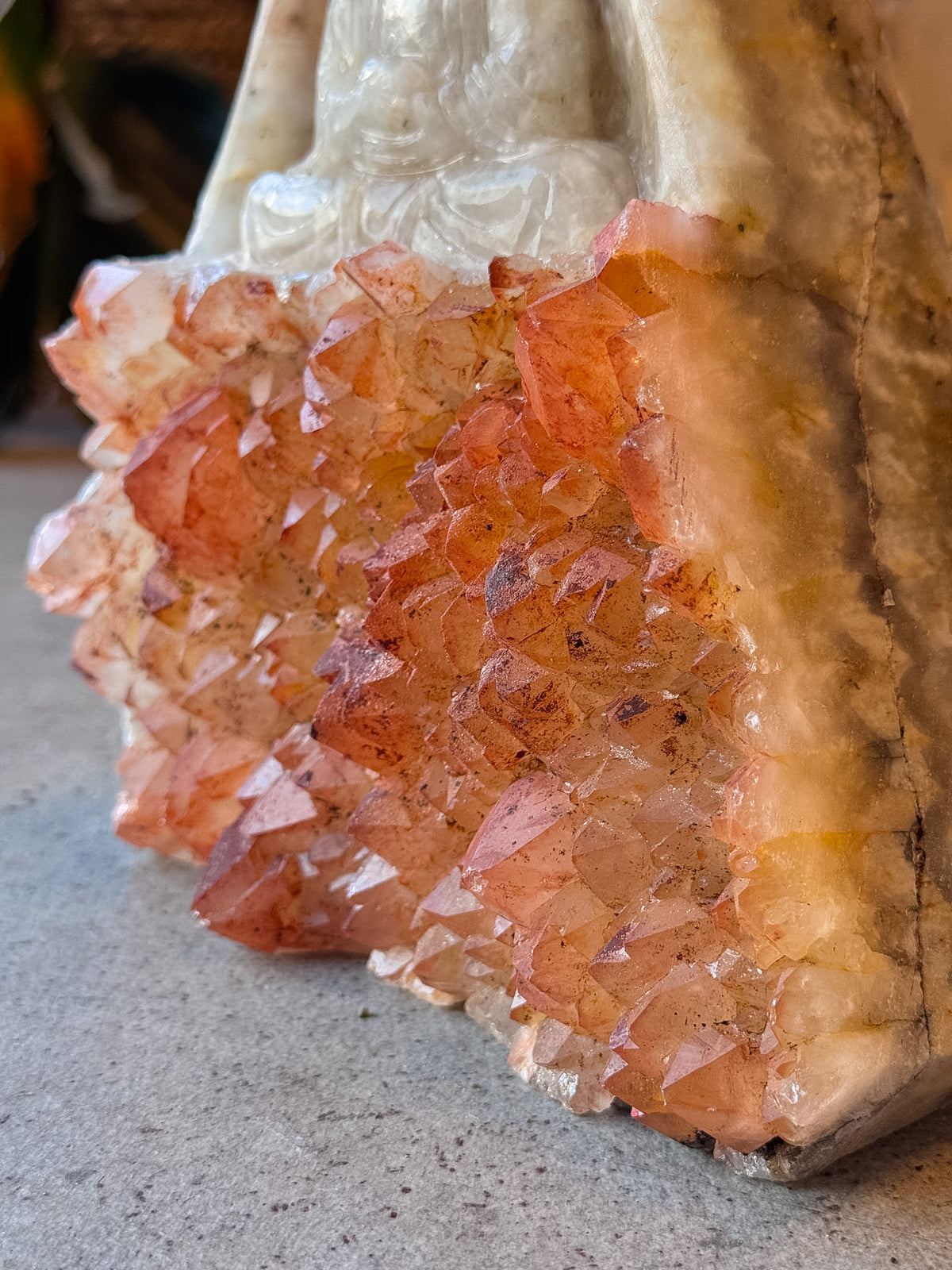 Fire Quartz Guan Yin Buddha Cluster Carving