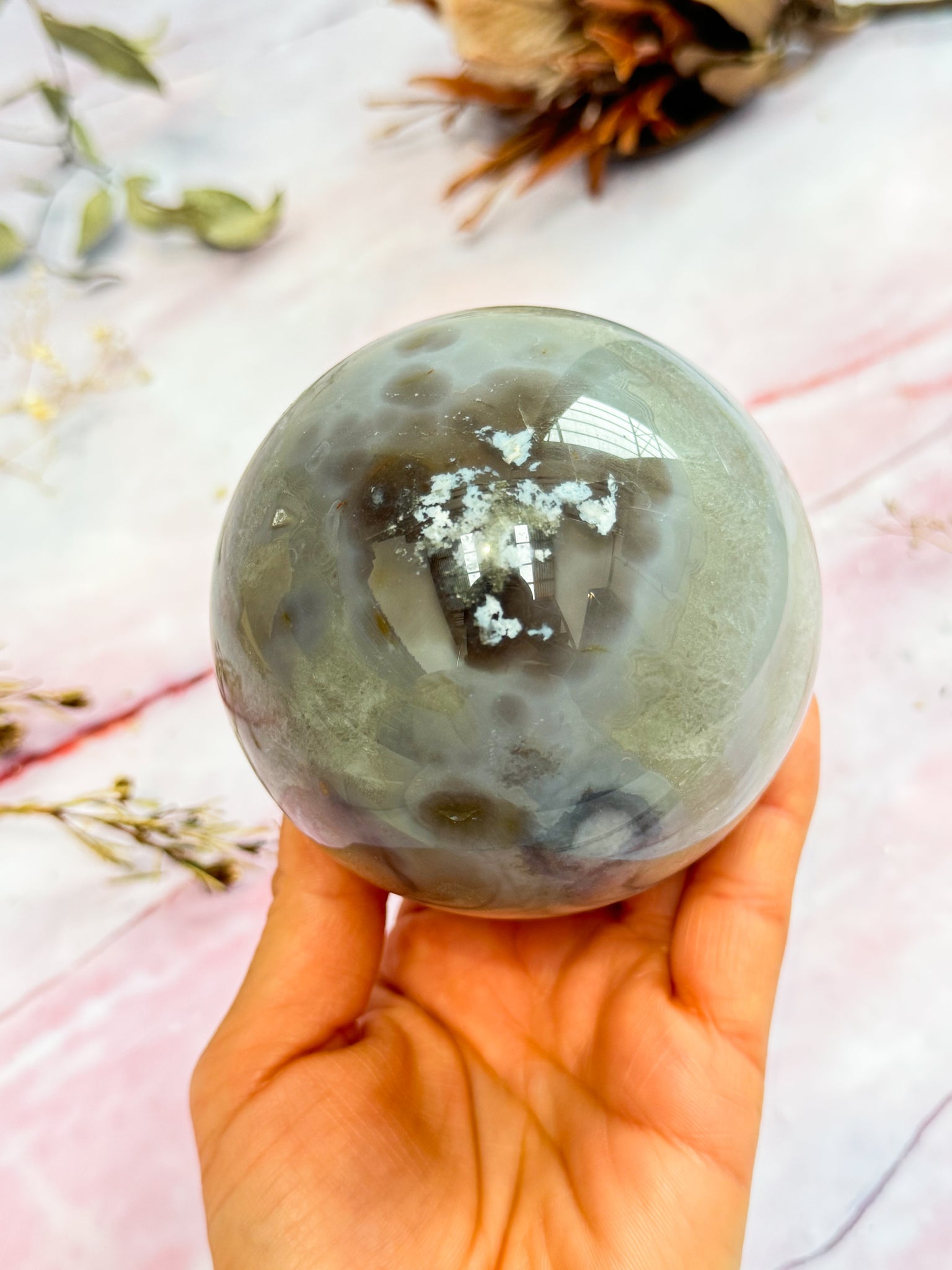 Black Flower Agate Sphere