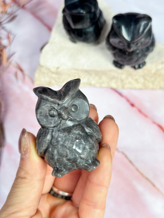 Silver Sheen Obsidian Owl Carving