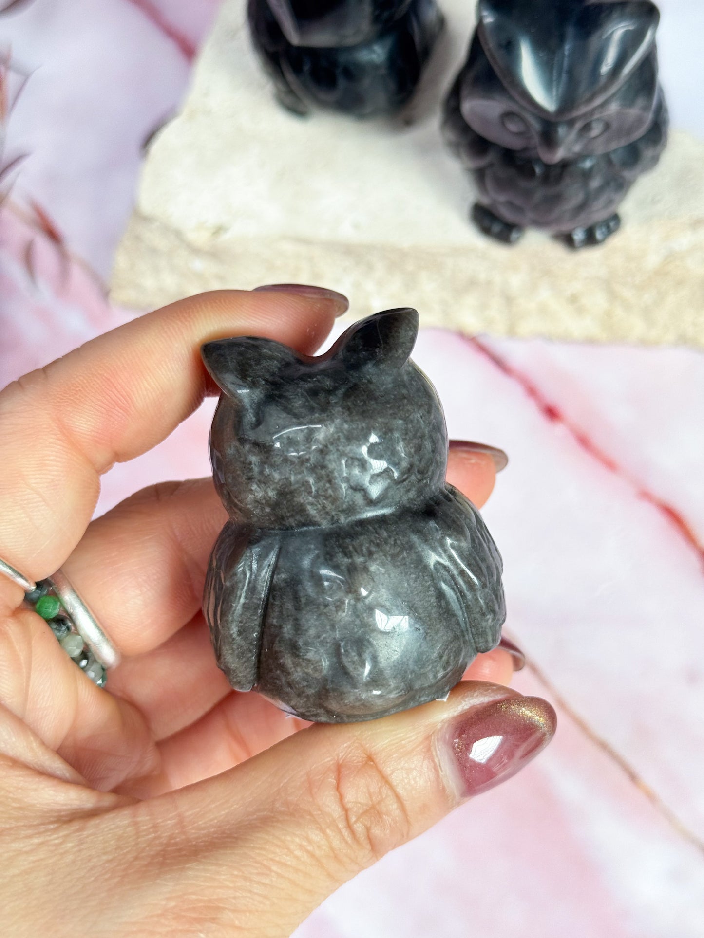 Silver Sheen Obsidian Owl Carving
