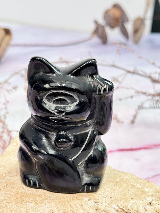 Obsidian Lucky Cat Carving