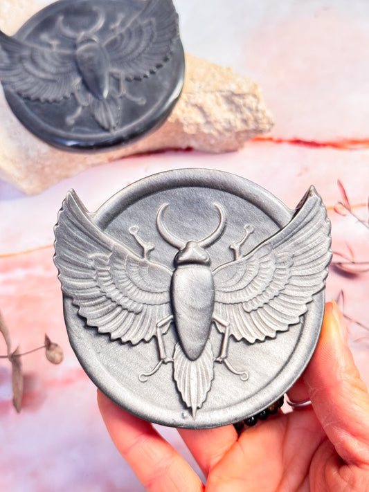 Silver Sheen Obsidian Scarab Carvings