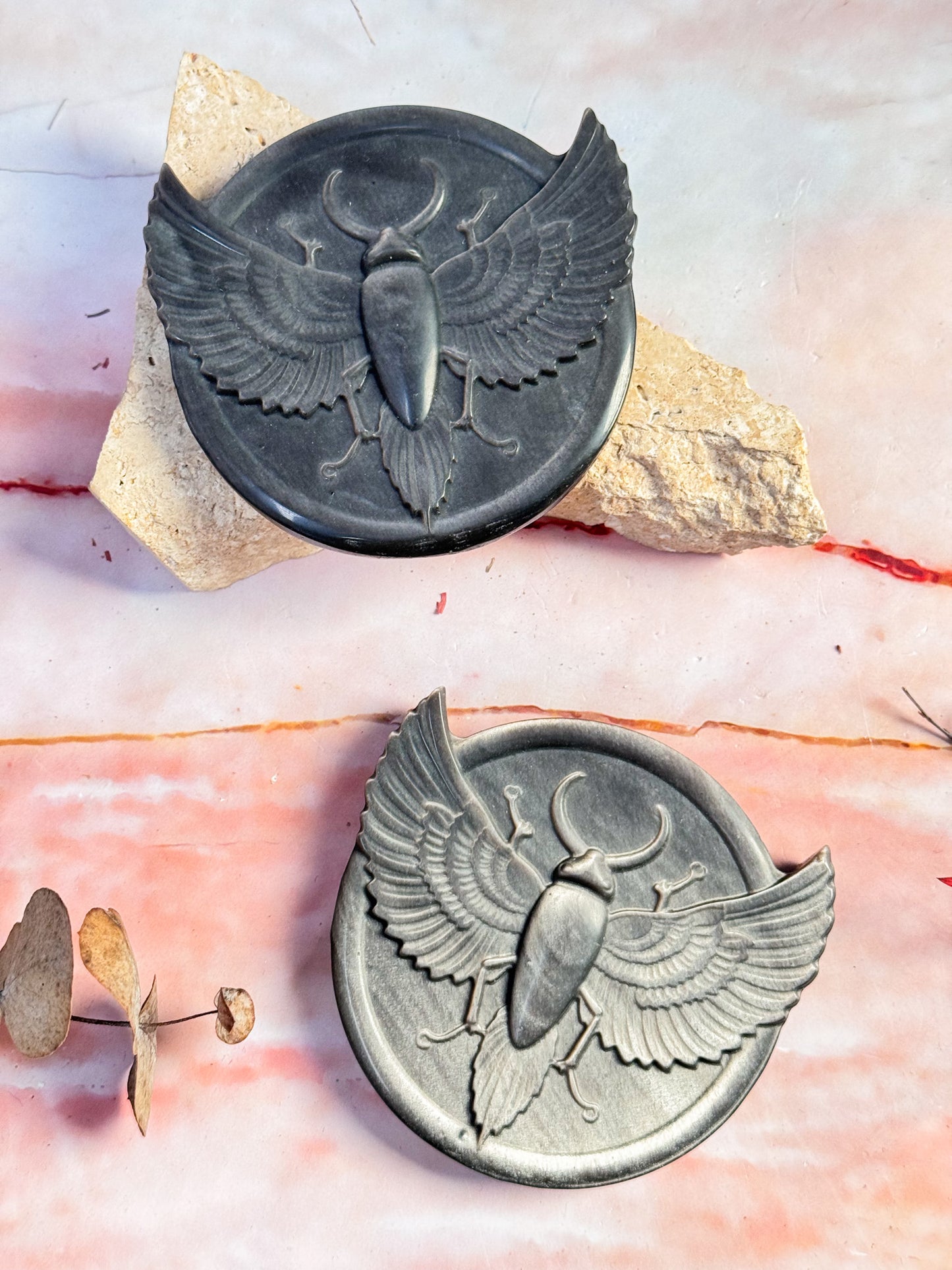 Silver Sheen Obsidian Scarab Carvings