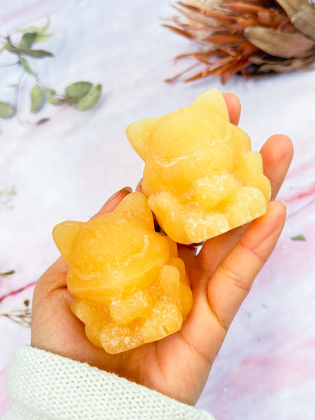 Yellow Calcite Kitsune Carvings