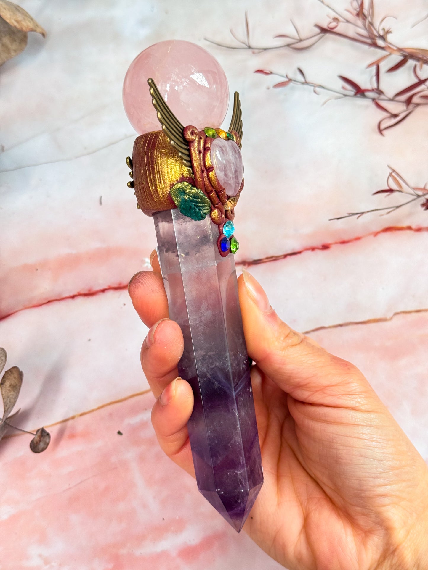Fluorite and Rose Quartz Wand