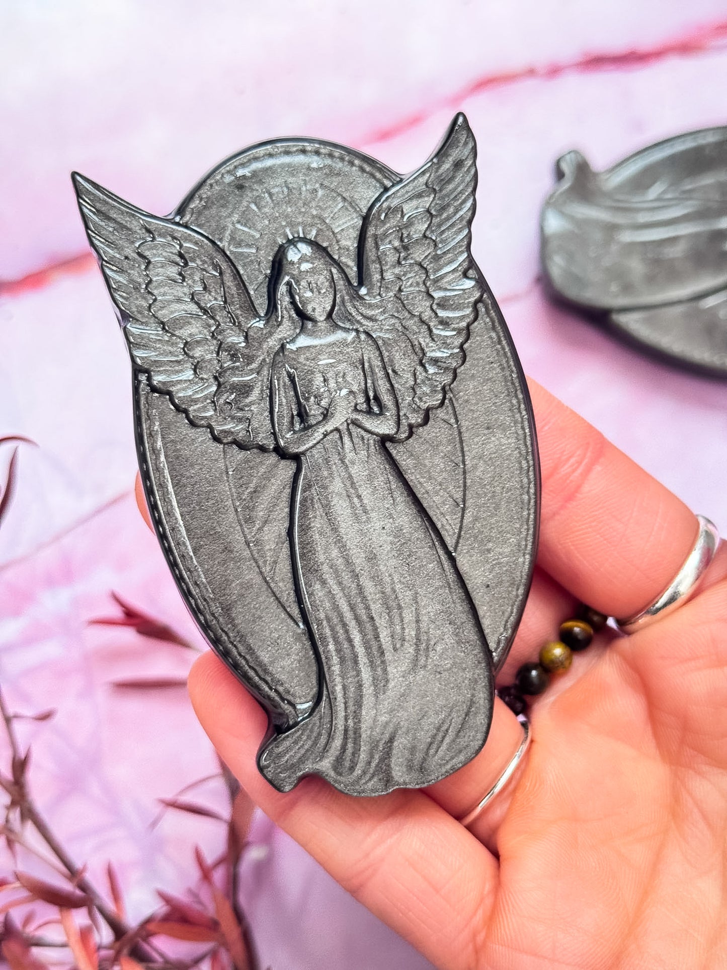 Silver Sheen Obsidian Angel Carvings