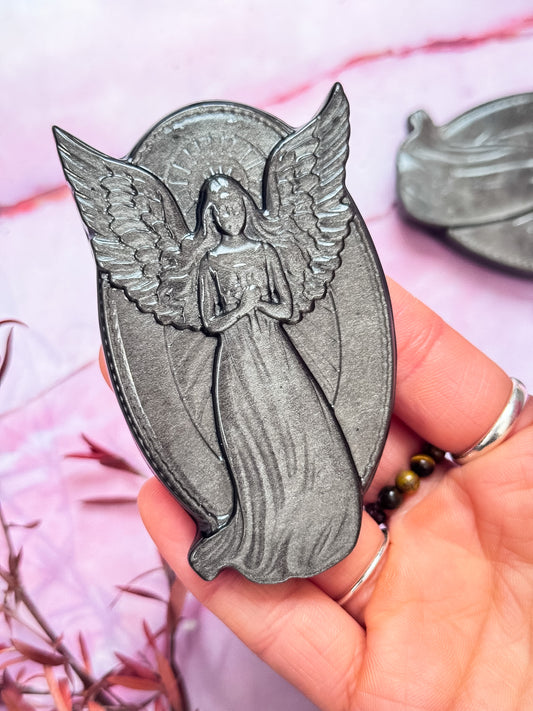 Silver Sheen Obsidian Angel Carvings