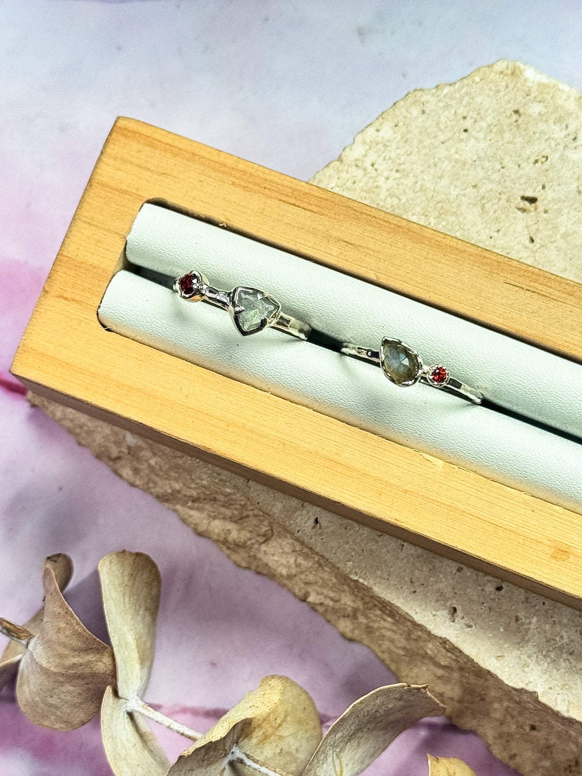 Labradorite with Garnet Dainty Rings