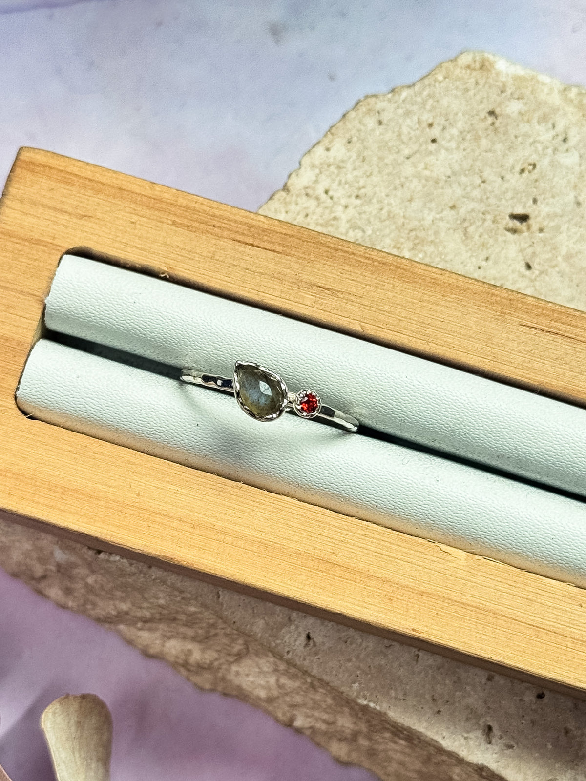 Labradorite with Garnet Dainty Rings