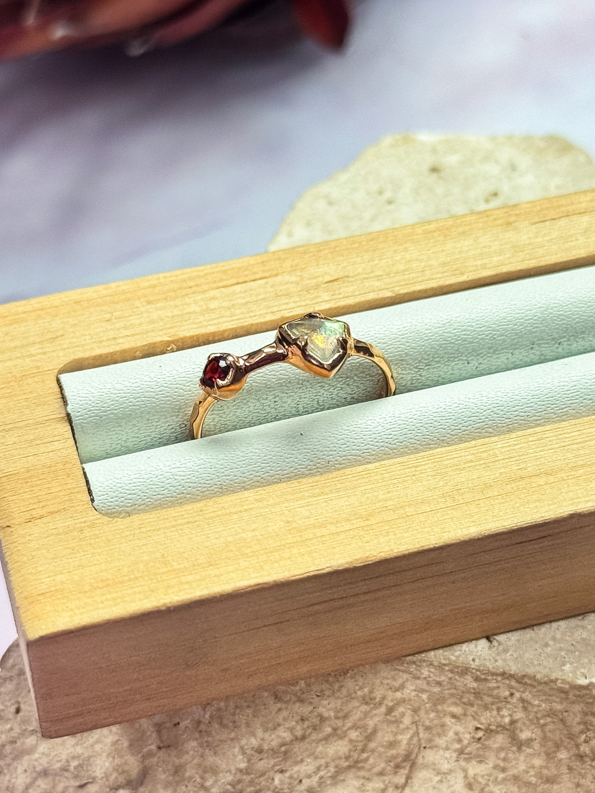 Labradorite with Garnet Rose Gold Ring - Size 7