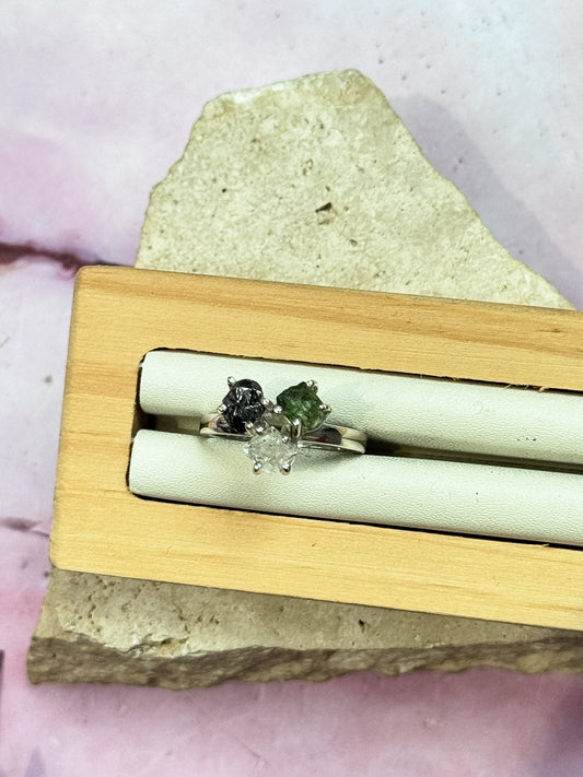 Moldavite, Herkimer Diamond, Campo Del Cielo Meteorite Ring - Size 8