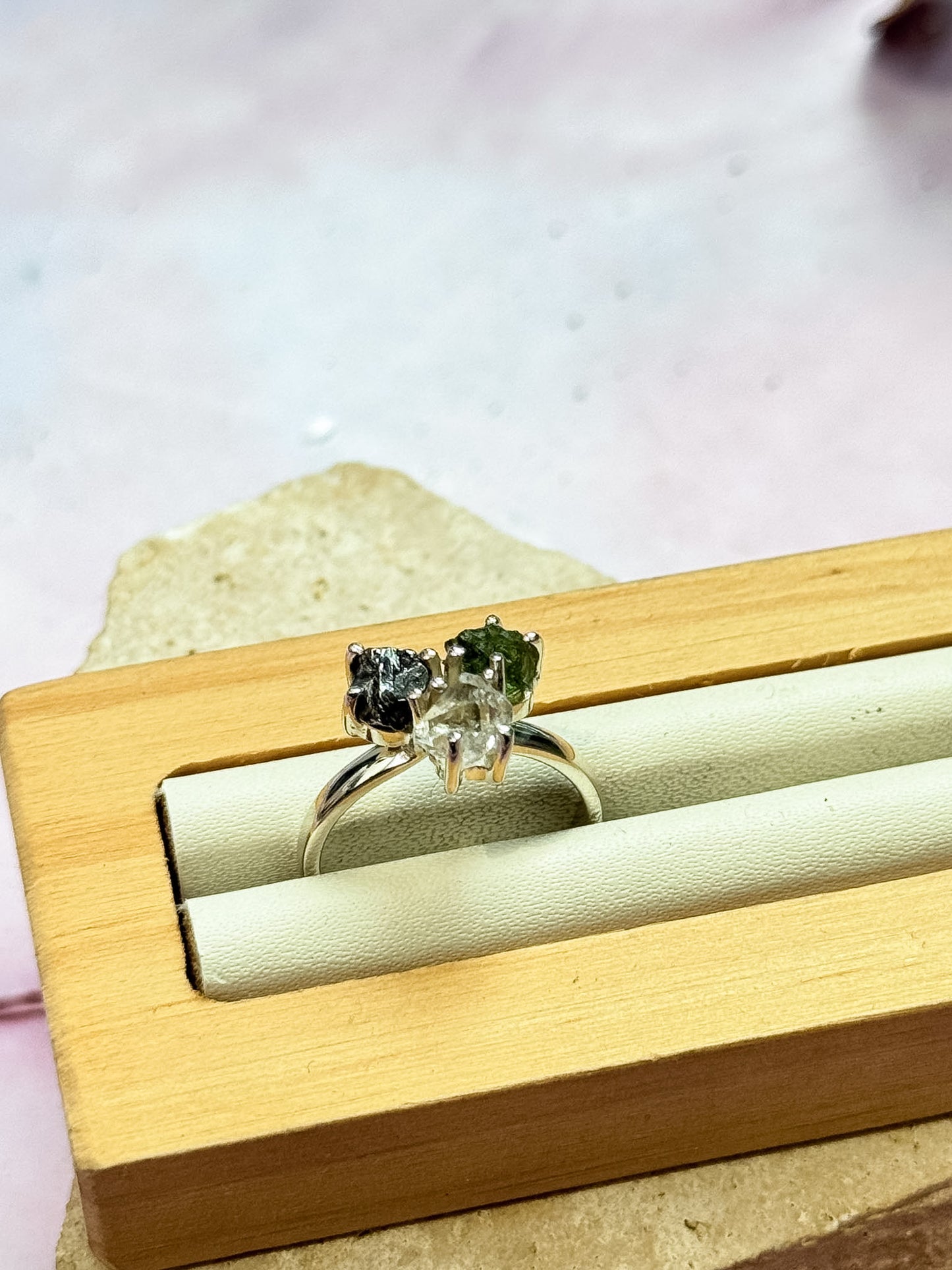 Moldavite, Herkimer Diamond, Campo Del Cielo Meteorite Ring - Size 8