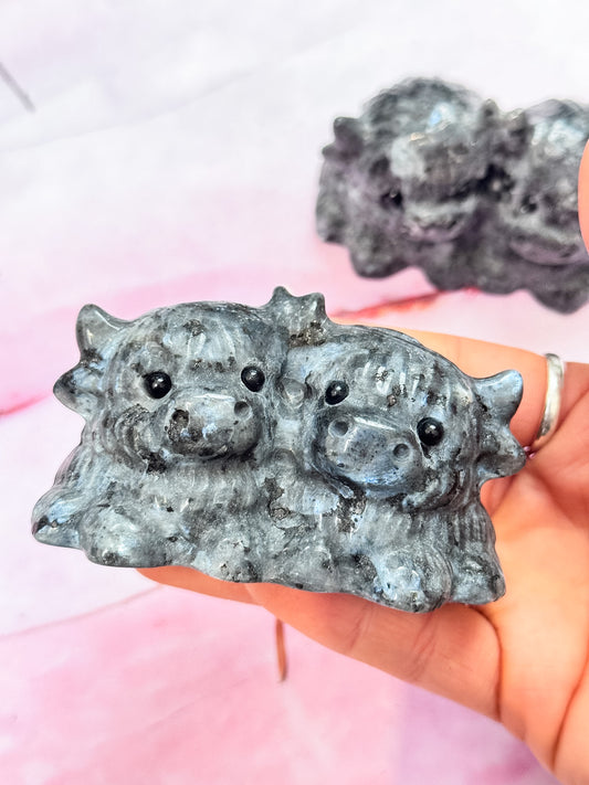 Larvikite Twin Highland Cow Carvings