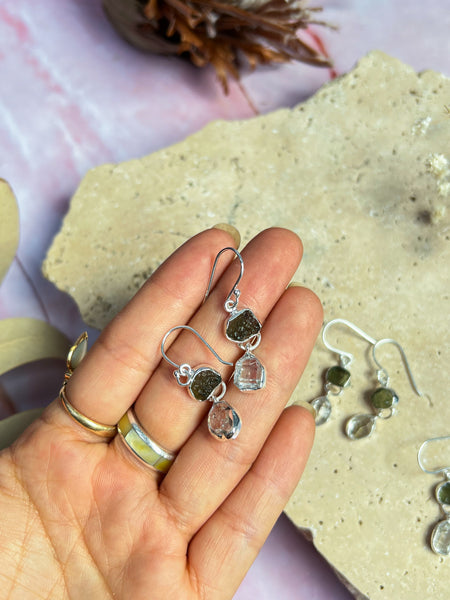 Moldavite and Herkimer Diamond Earrings