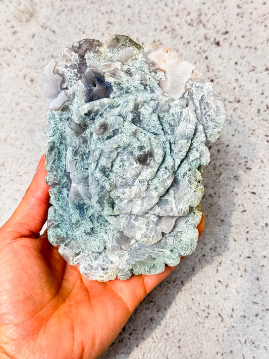 Moss Agate Peony Carving
