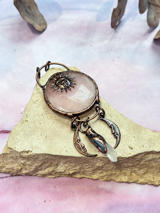 Brass Rose Quartz, Kyanite and Clear Quartz Pendant
