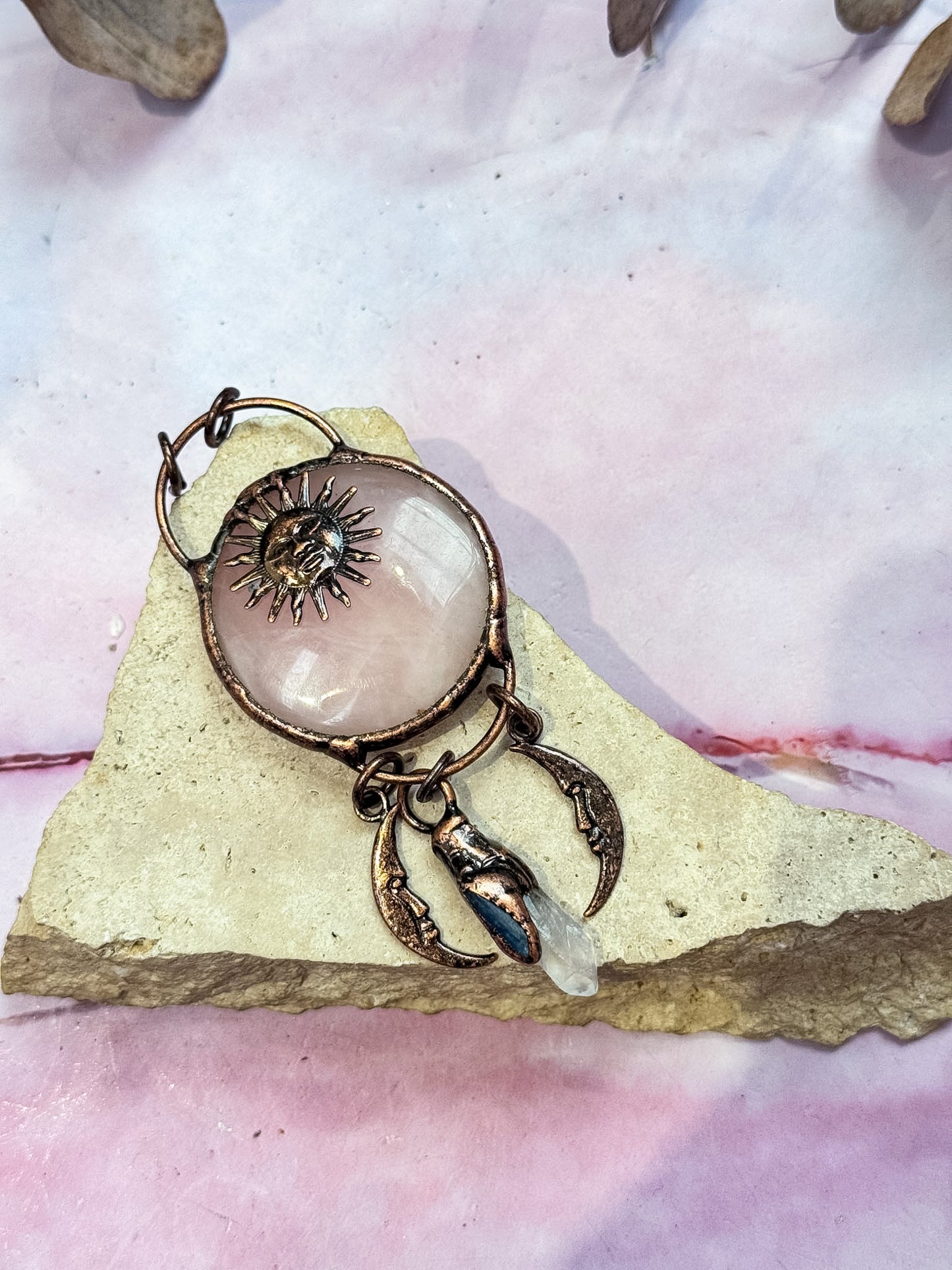 Brass Rose Quartz, Kyanite and Clear Quartz Pendant