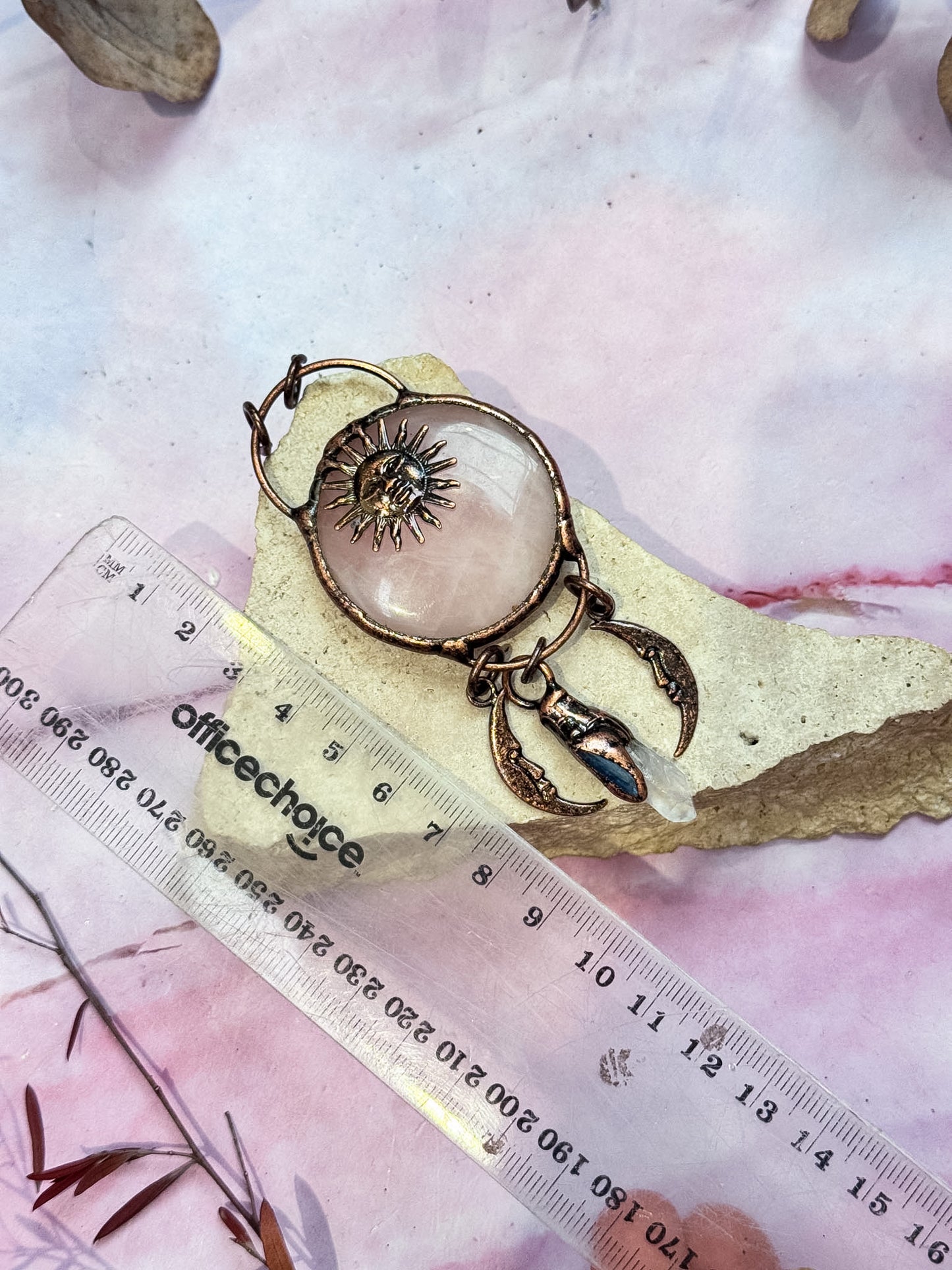 Brass Rose Quartz, Kyanite and Clear Quartz Pendant