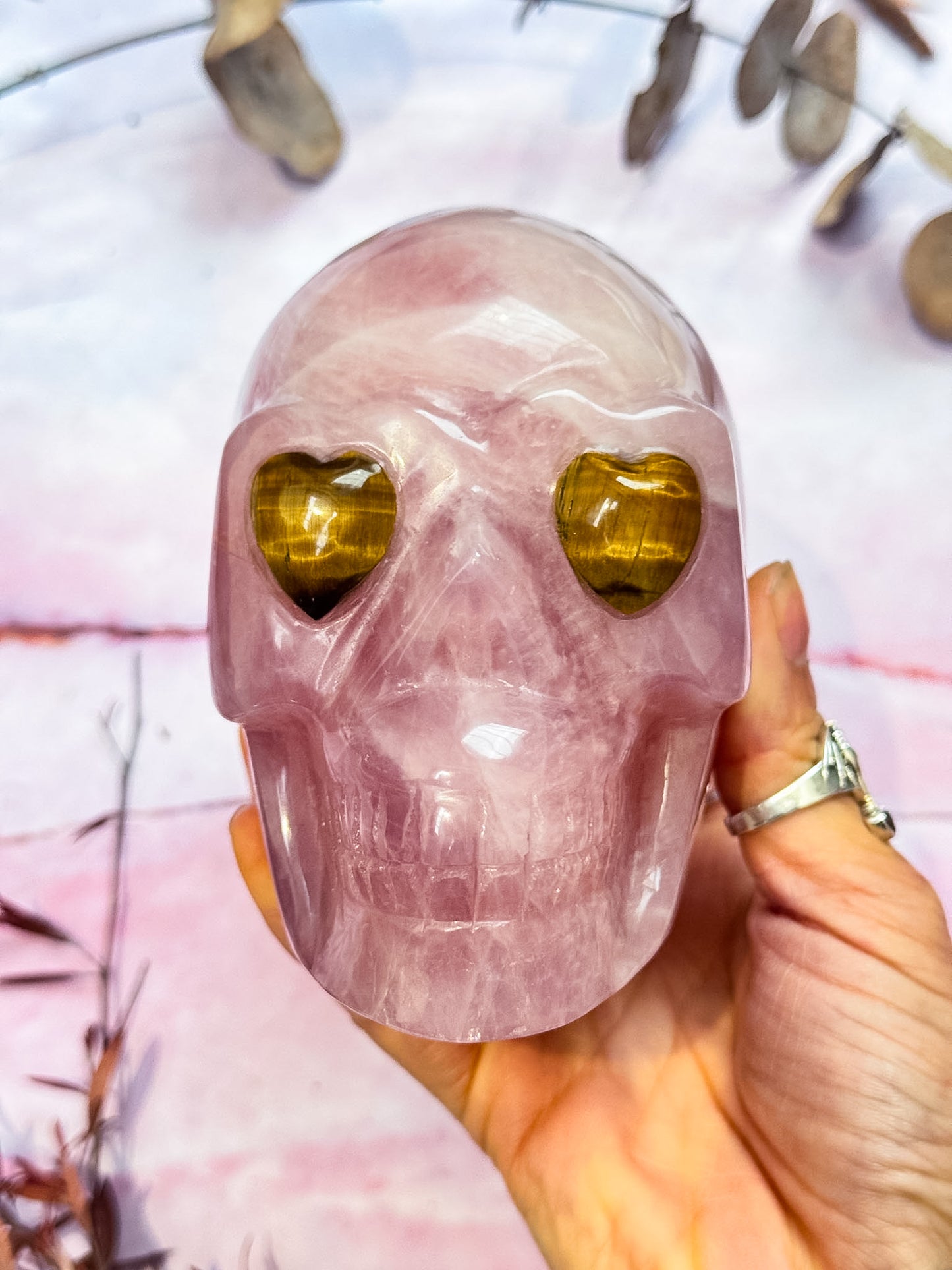 Rose Quartz Skull with Tigers Eye
