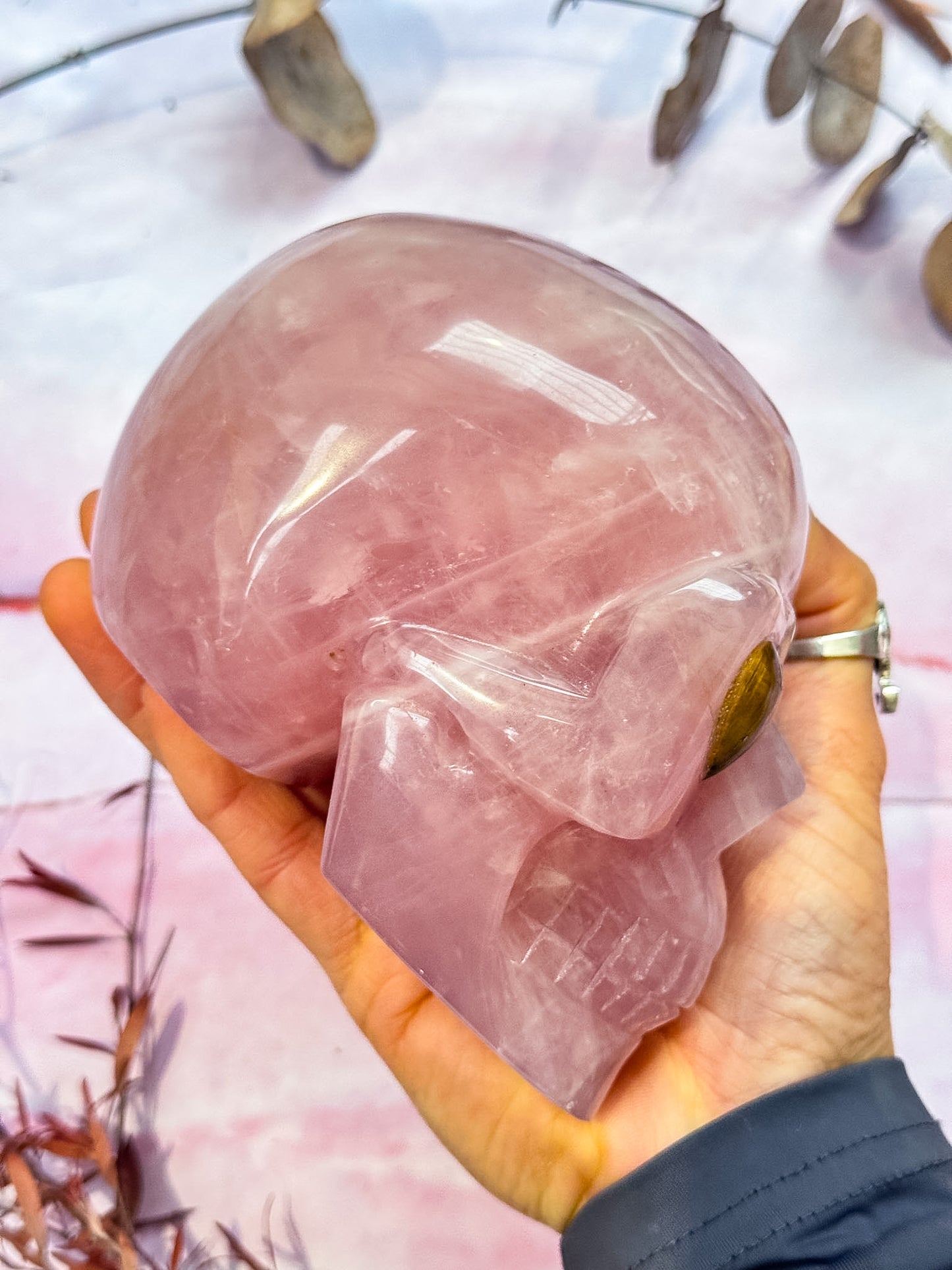 Rose Quartz Skull with Tigers Eye