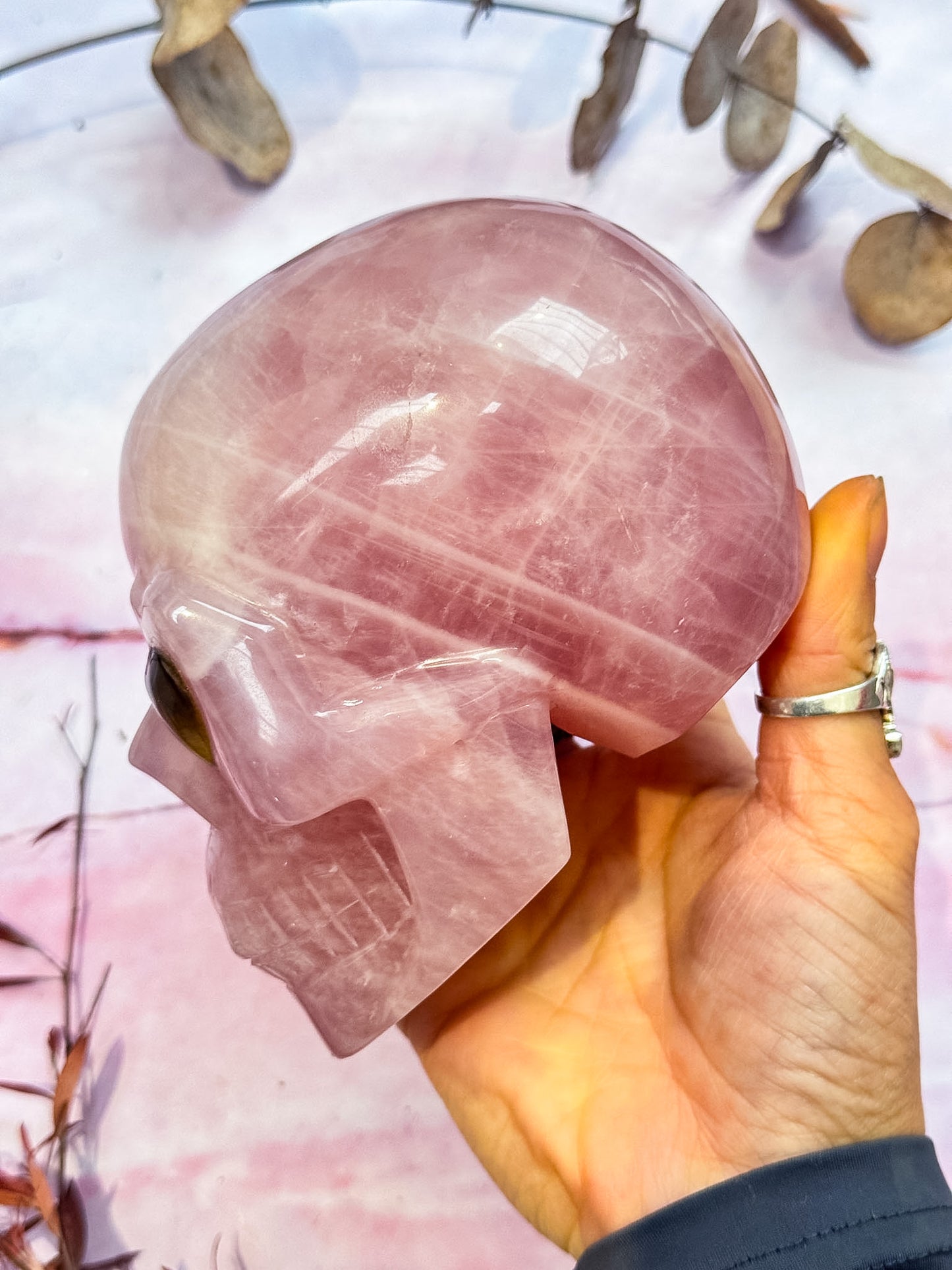 Rose Quartz Skull with Tigers Eye