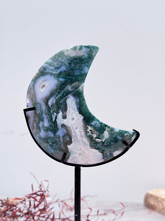 Moss Agate Moon on Stand
