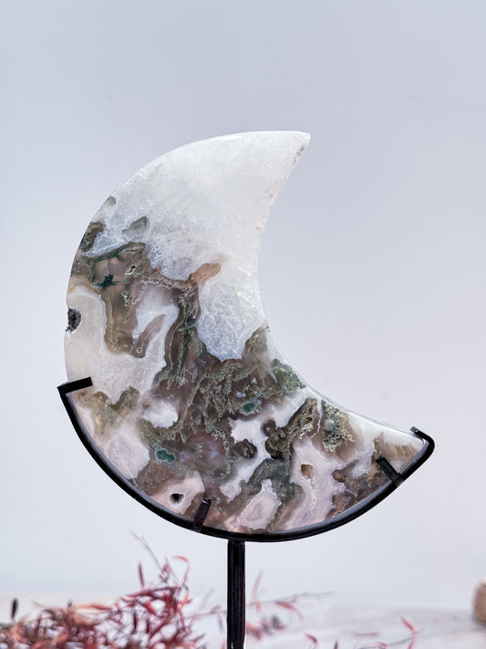Moss Agate Moon on Stand