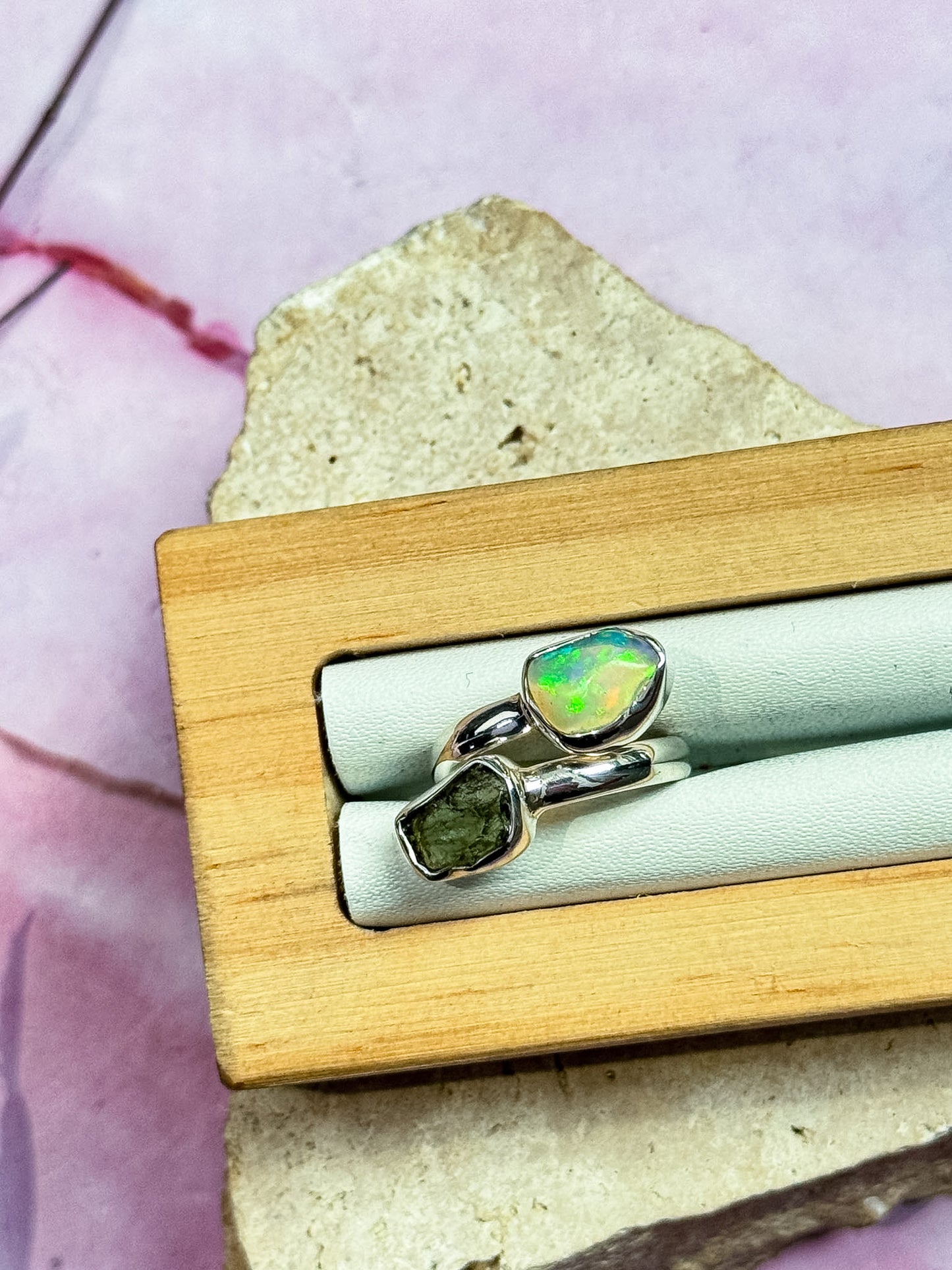 Ethiopian Opal and Moldavite Rings