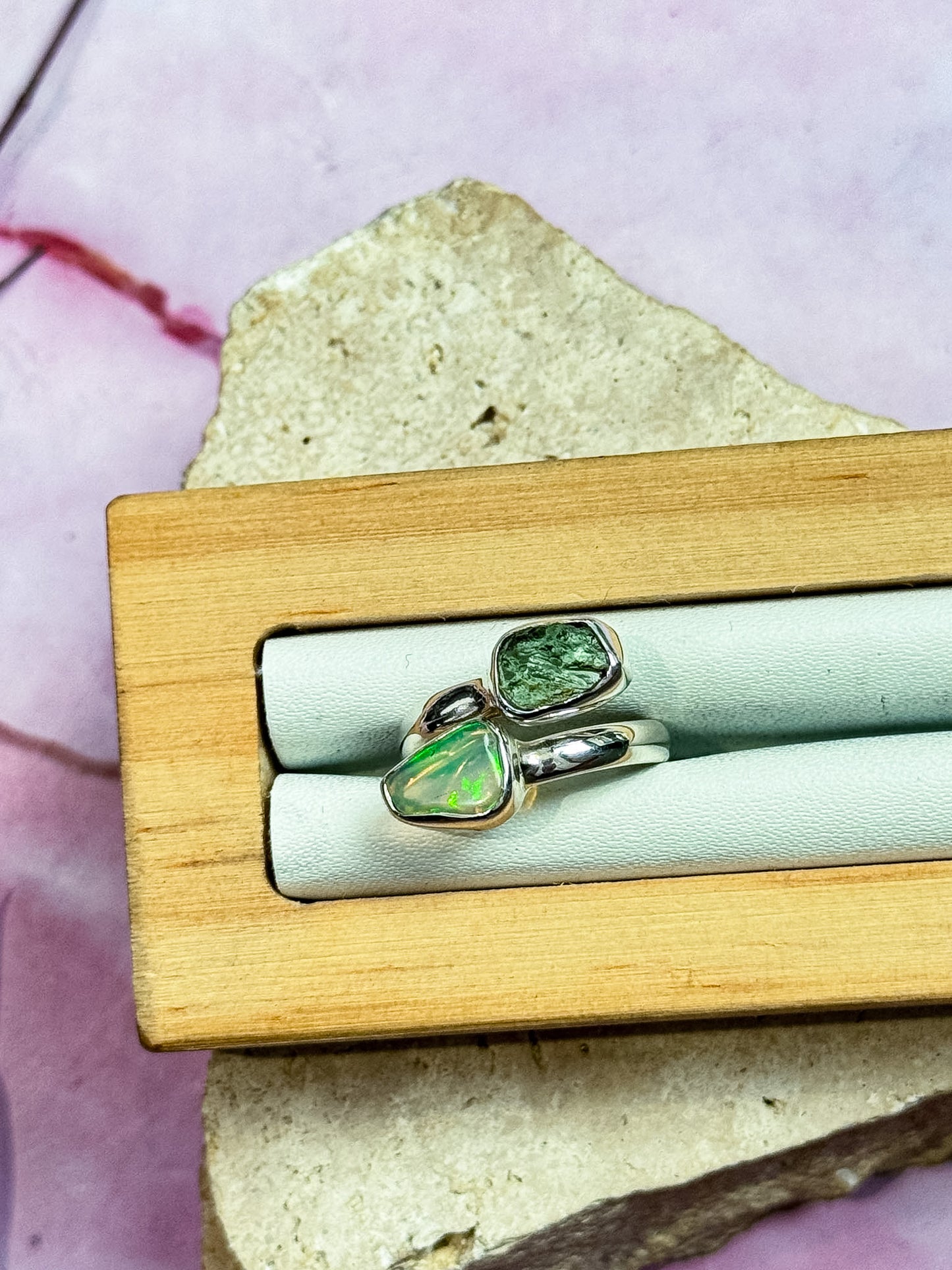 Ethiopian Opal and Moldavite Rings