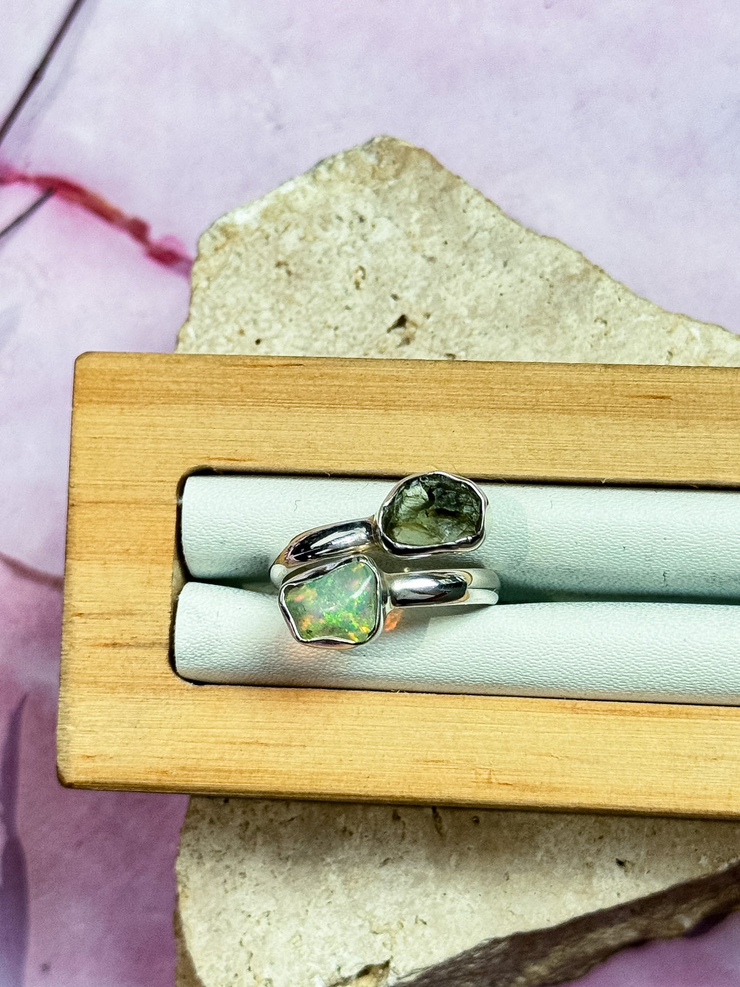 Ethiopian Opal and Moldavite Rings