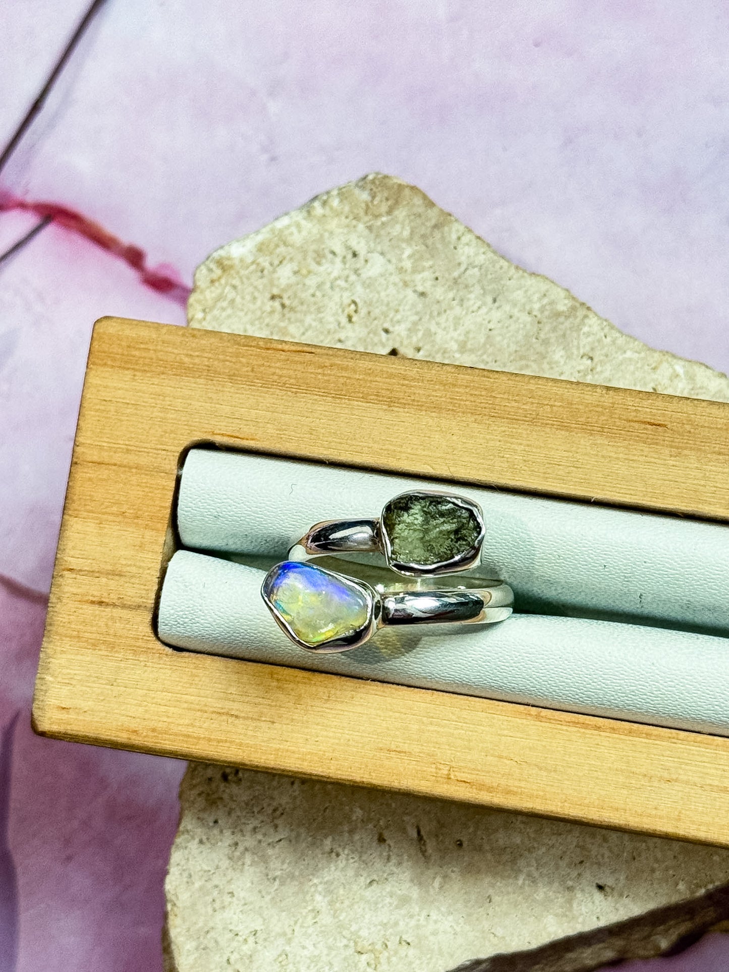 Ethiopian Opal and Moldavite Rings