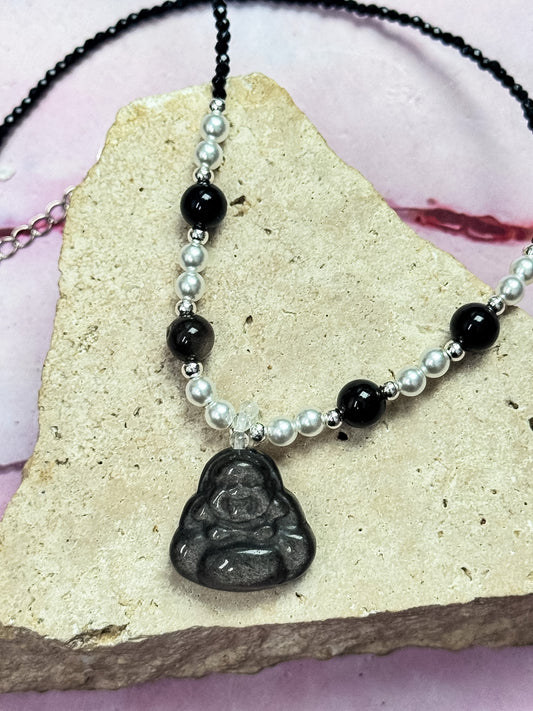 Silver Sheen Obsidian Buddha Necklaces
