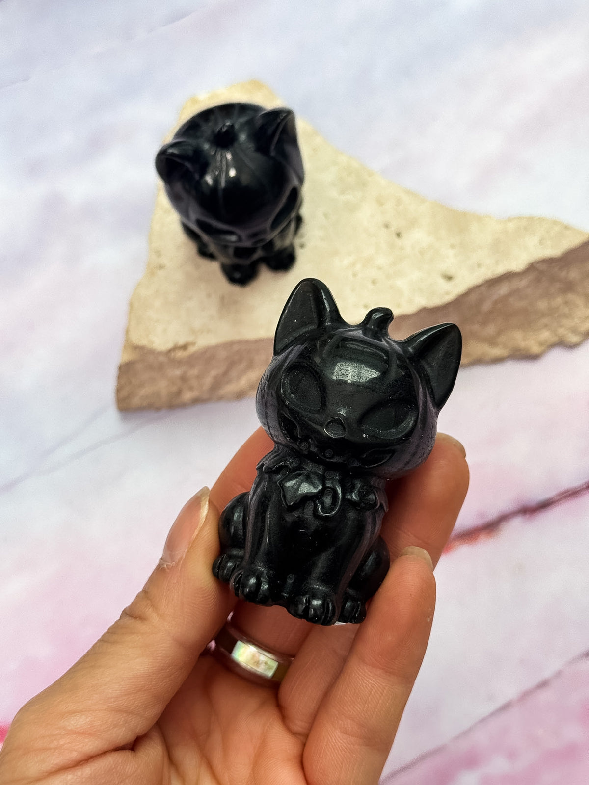 Obsidian Pumpkin Cat Carvings