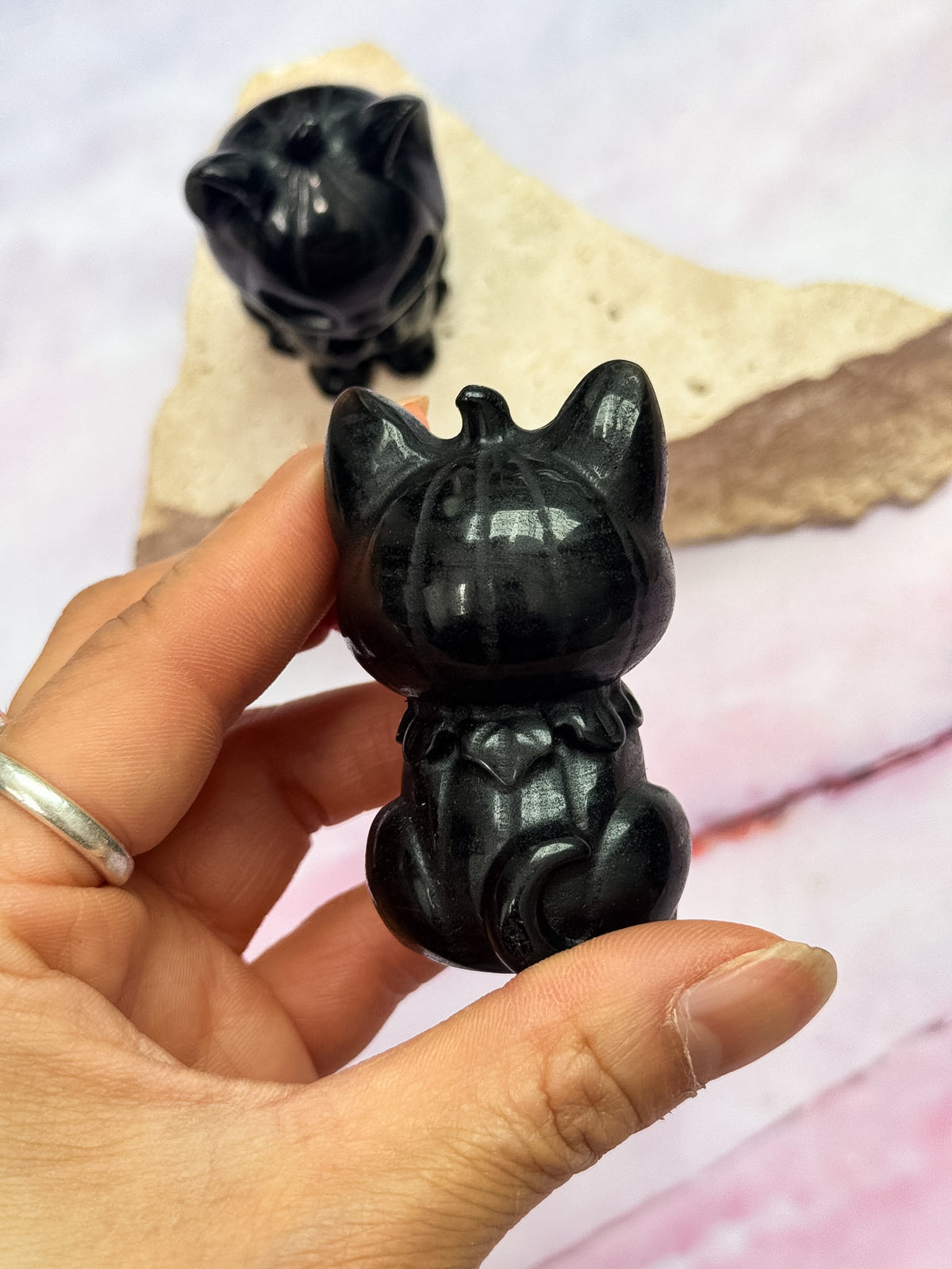 Obsidian Pumpkin Cat Carvings