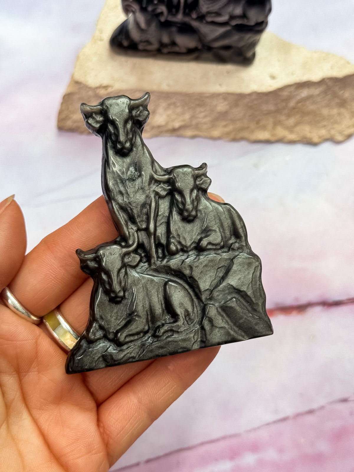 Silver Sheen Obsidian Animal Family Carvings