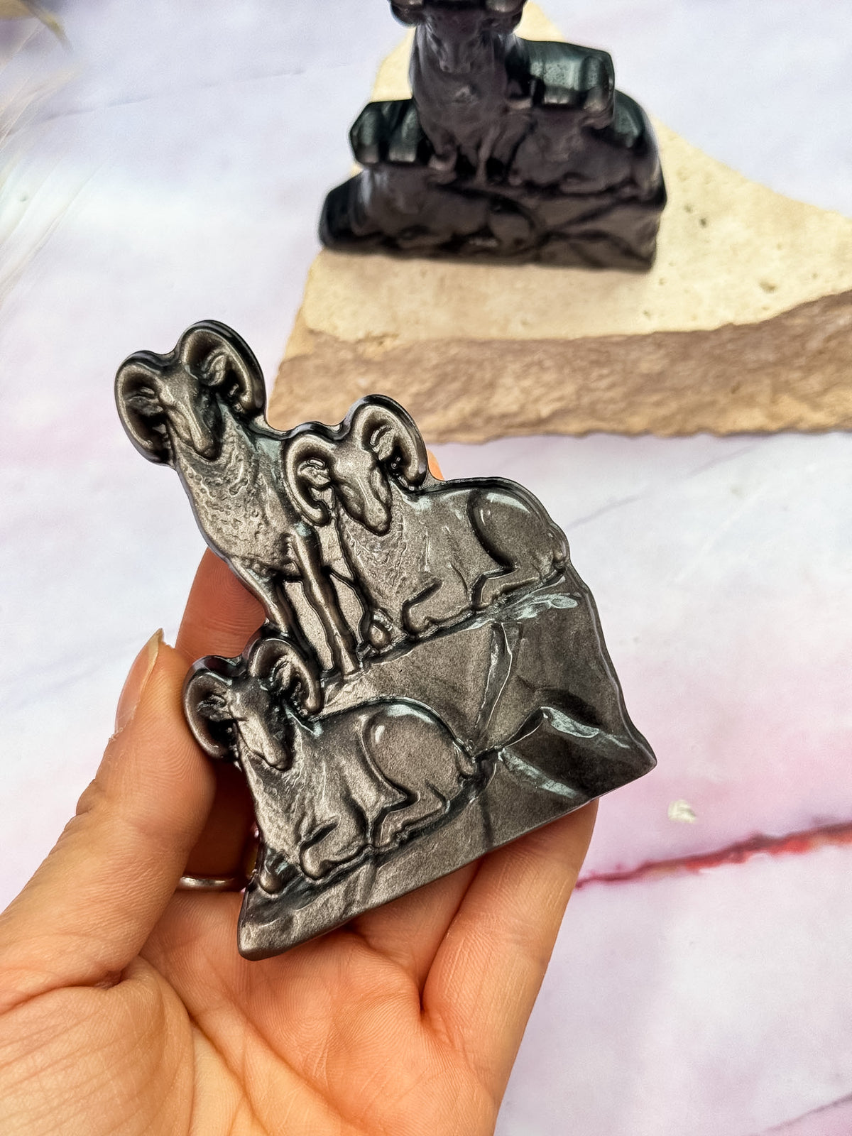 Silver Sheen Obsidian Animal Family Carvings