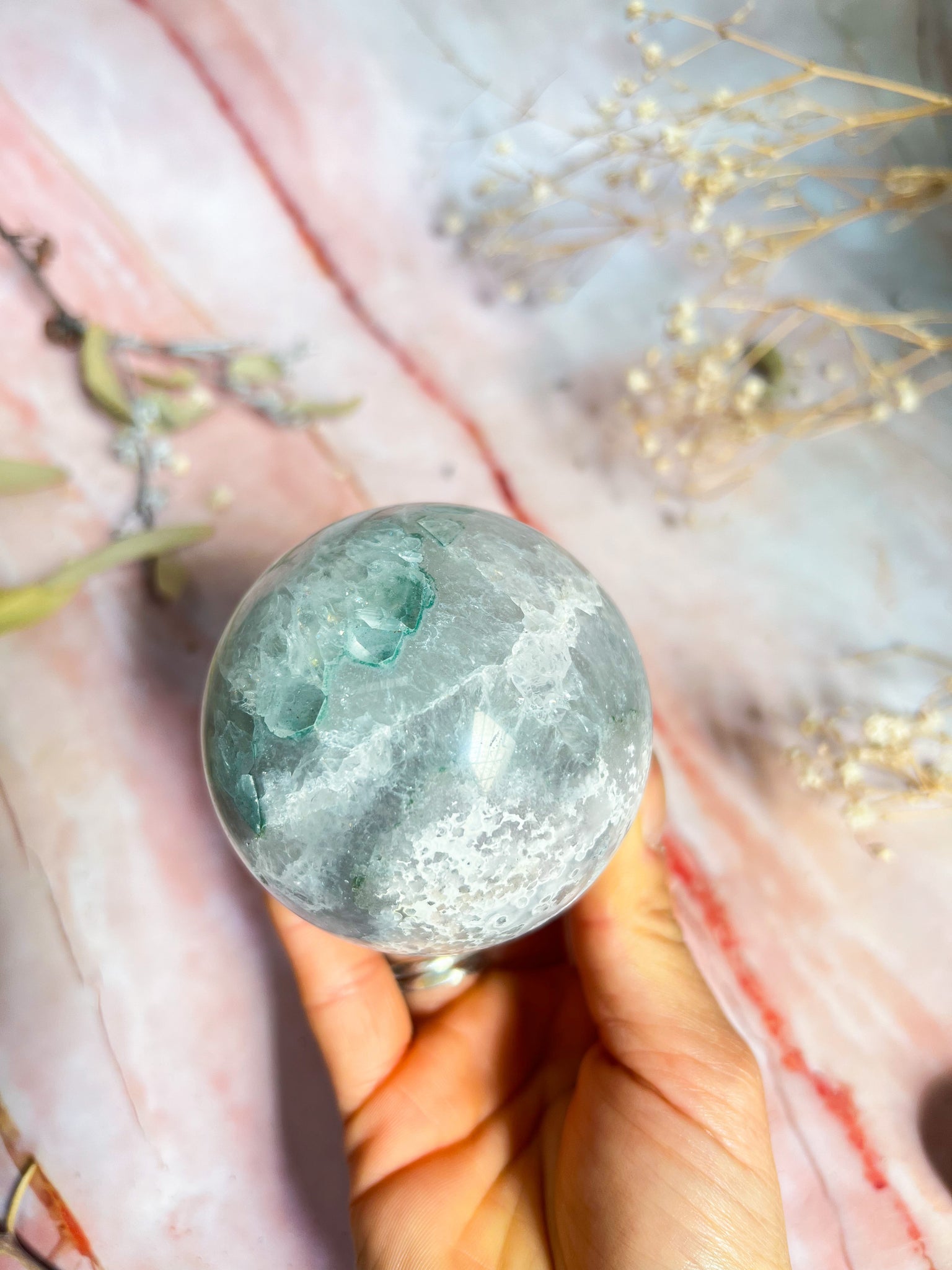 Flower Agate with Pink and Green Amethyst Sphere