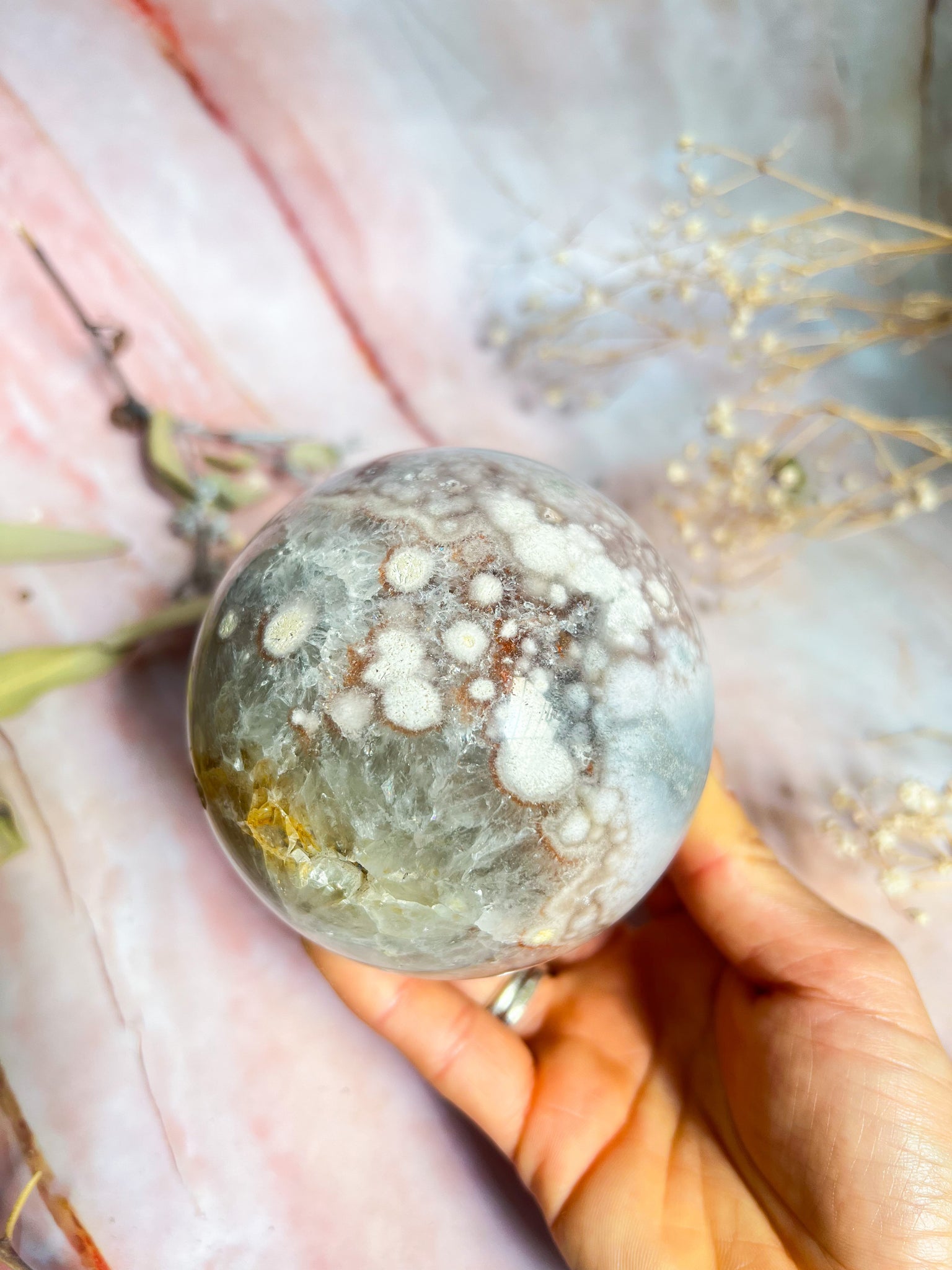 Flower Agate with Pink and Green Amethyst Sphere
