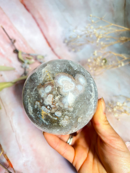 Flower Agate with Pink and Green Amethyst Sphere