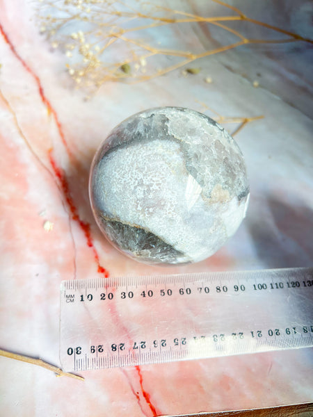Flower Agate with Pink and Green Amethyst Sphere