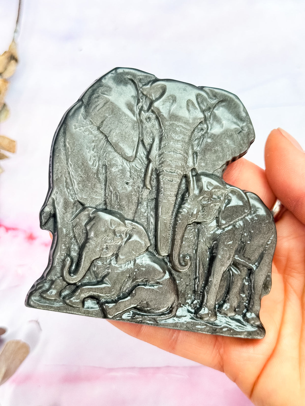 Silver Sheen Obsidian Animal Family Carvings