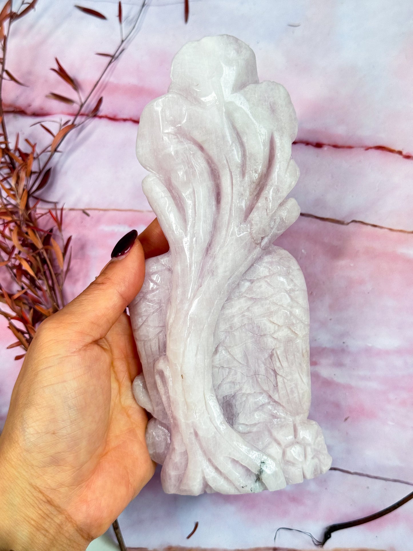 Kunzite Owl Carving