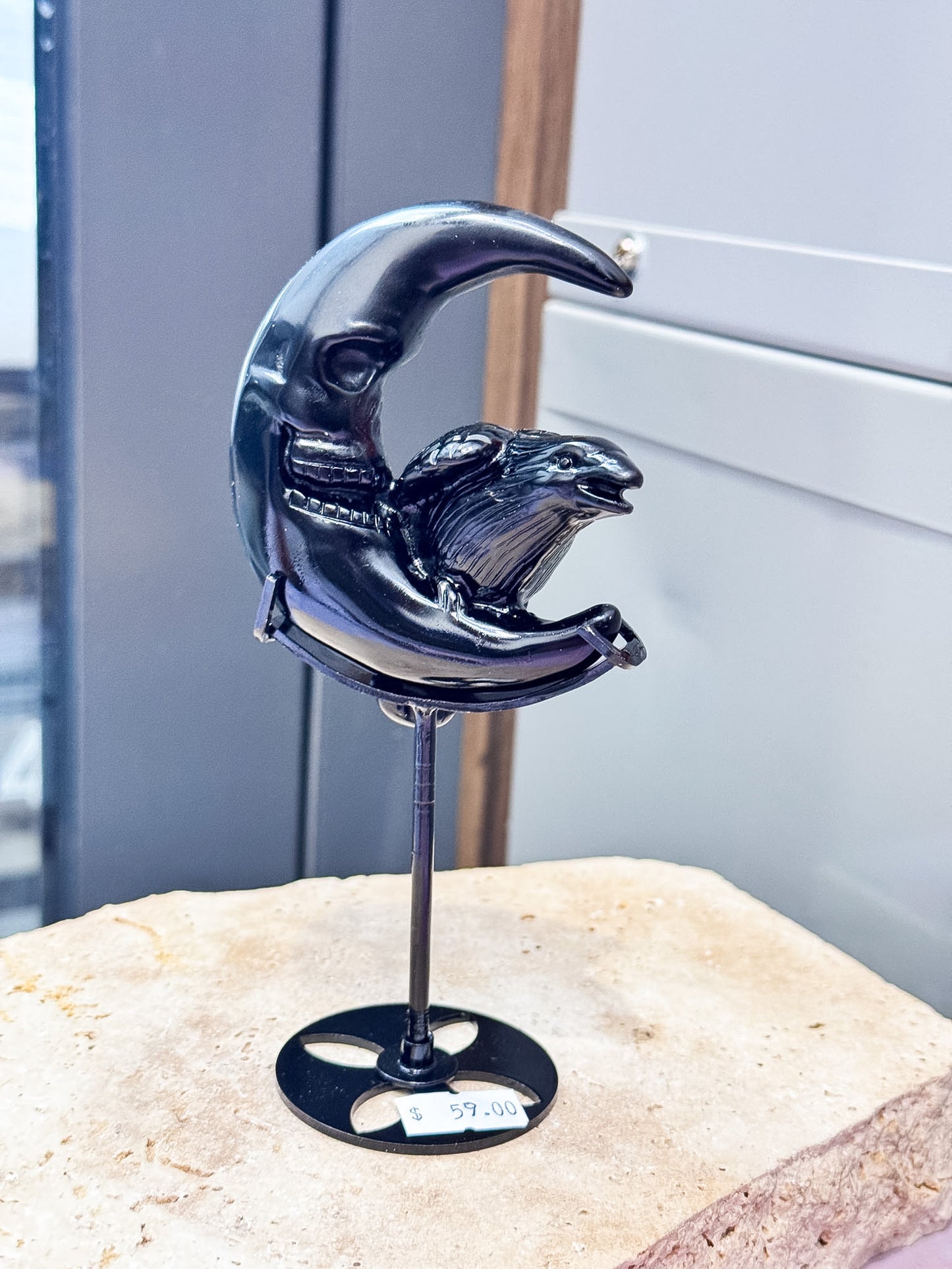 Obsidian Raven on Moon Carving