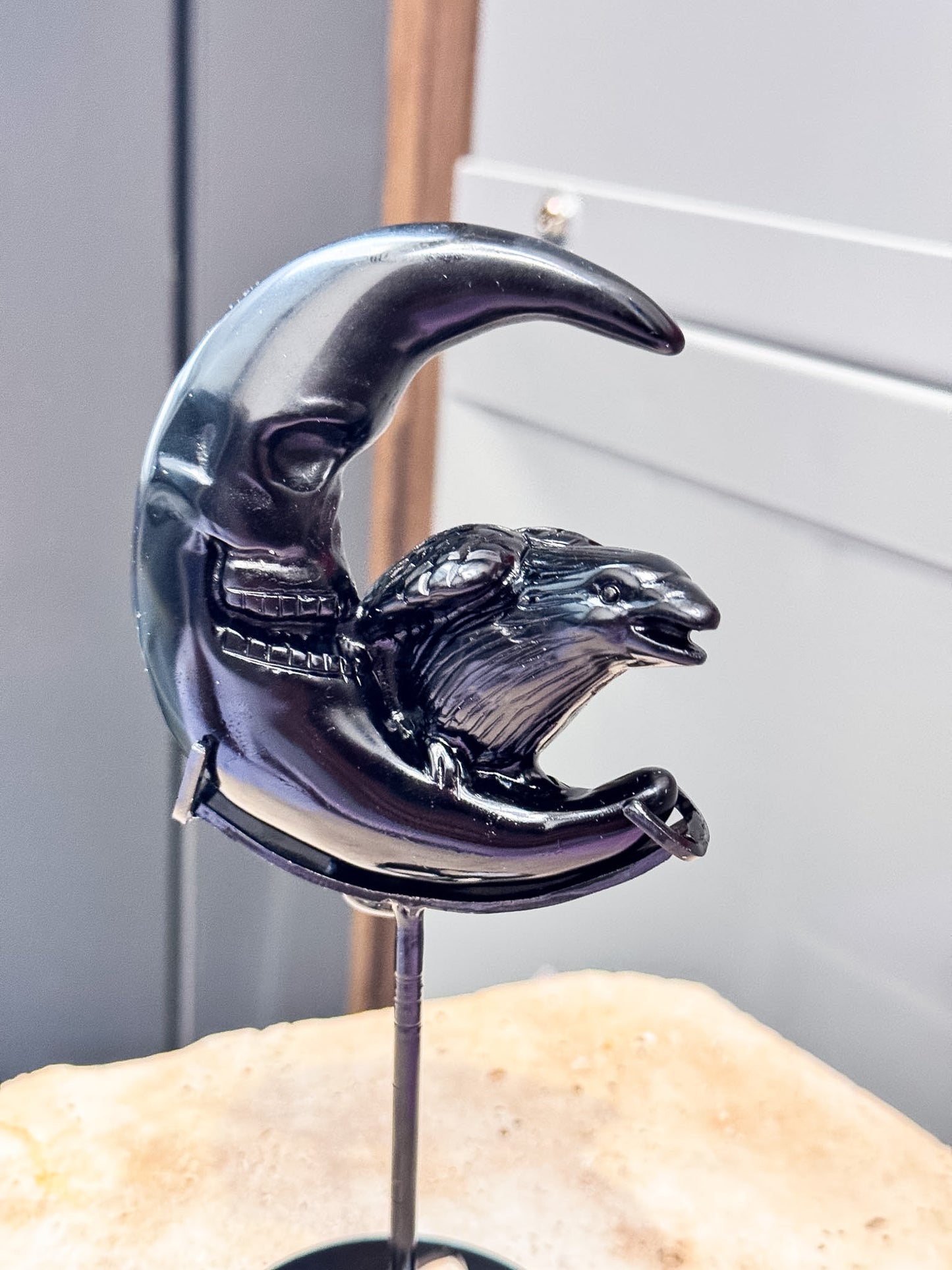 Obsidian Raven on Moon Carving