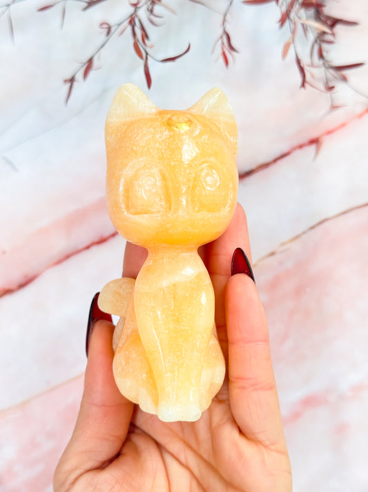 Yellow Calcite Luna Cat Carving