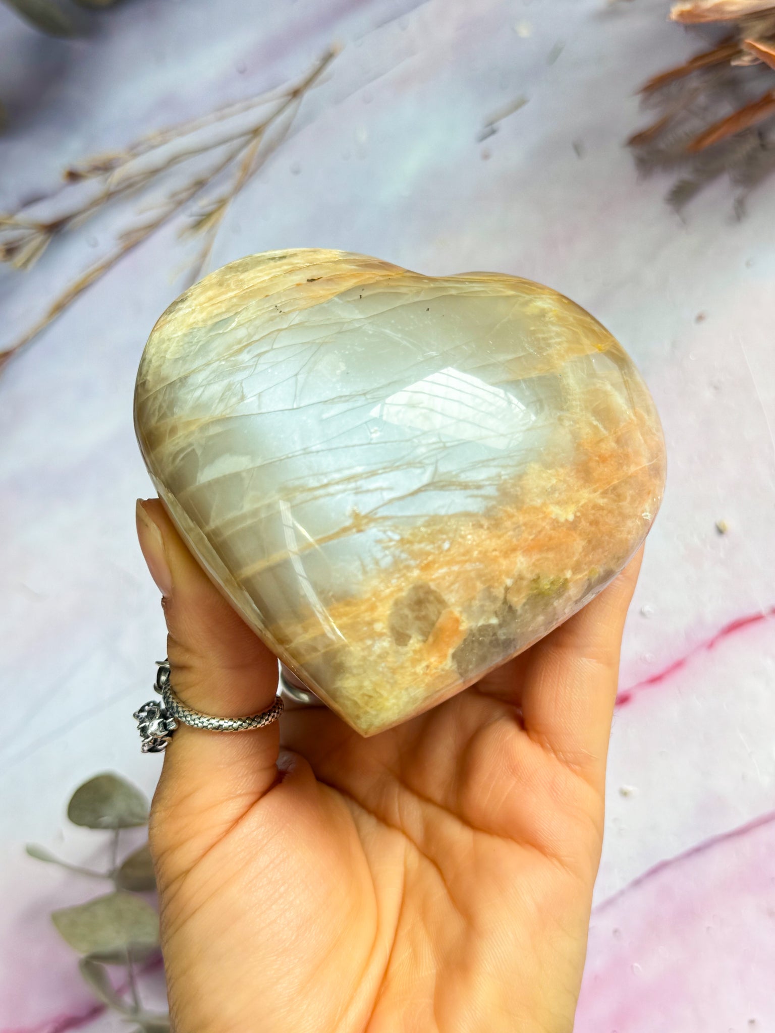 Silver Flash Peach Moonstone Heart