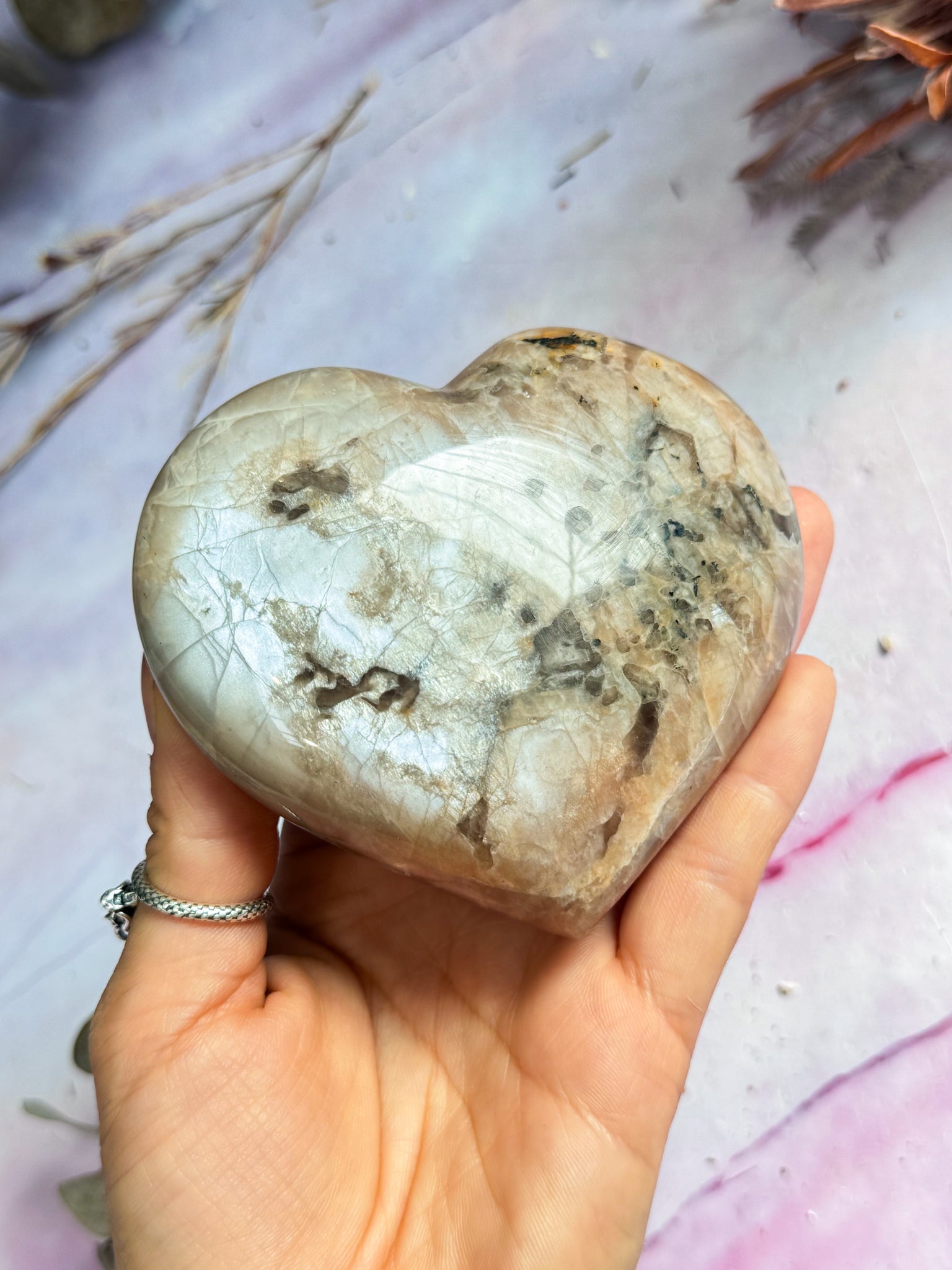 Silver Flash Peach Moonstone Heart