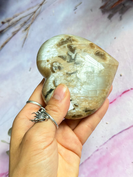 Silver Flash Peach Moonstone Heart