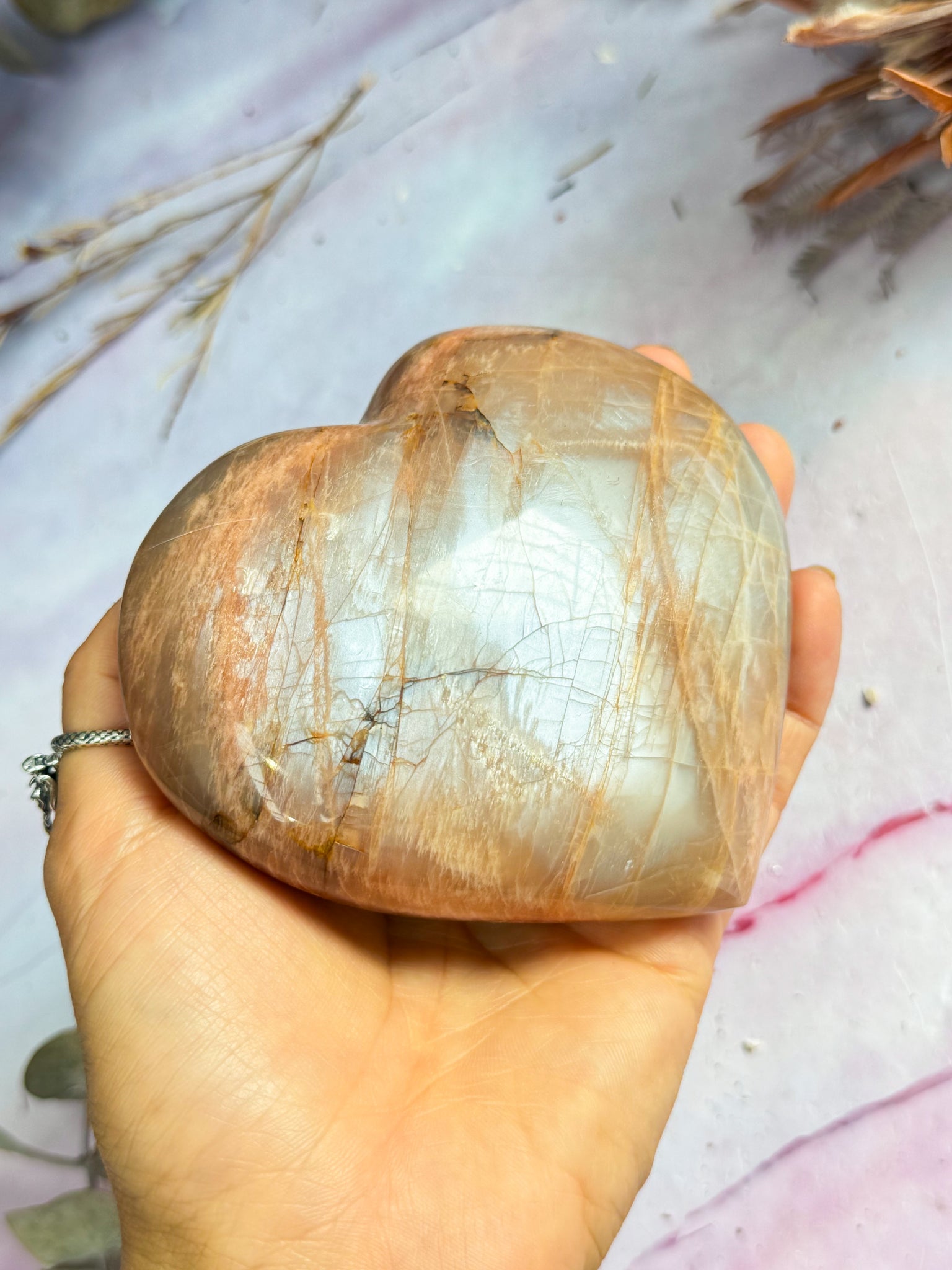 Silver Flash Peach Moonstone Heart