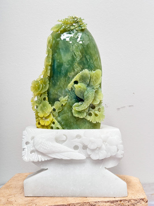 Serpentine and White Jade Bird Carving